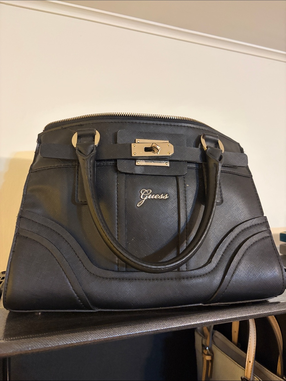 Guess Black Satchel with Gold-Tone Accent